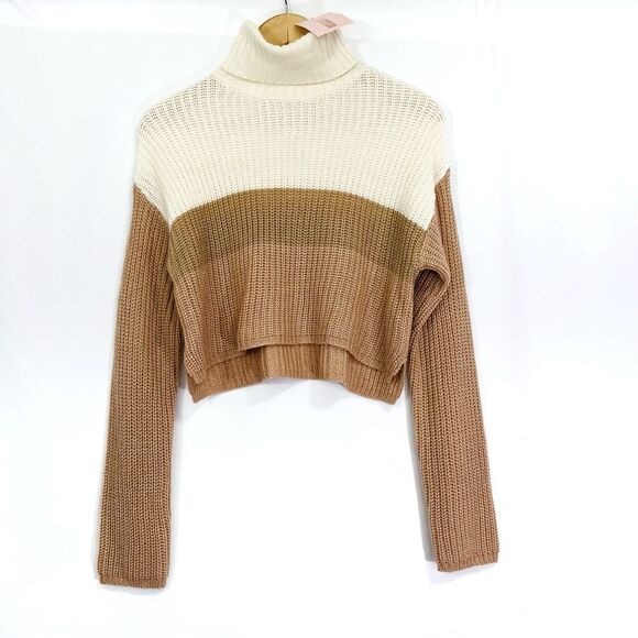 Missguided Cropped Colorblock Knit Turtleneck Sweater Tan Neutral Fall XS 2/4 - Picture 2 of 8